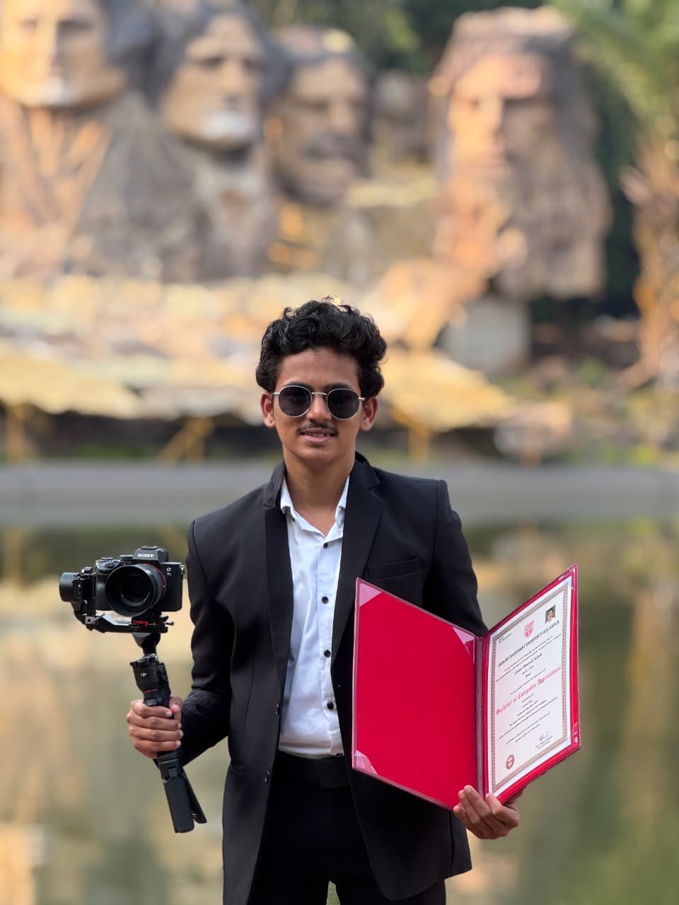 Dhawal Sutar in a suit holding his camera